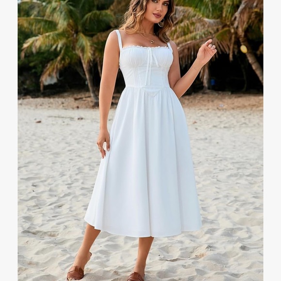 Summer Casual Midi Dress Smocked Sleeveless Flowy Slit A Line Beach Sundresses - Picture 5 of 6